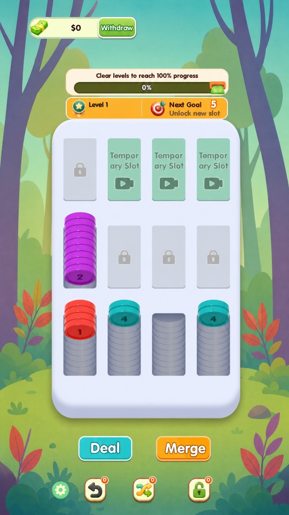 Coins Synthesis gameplay showing merge slots and colorful coin stacks
