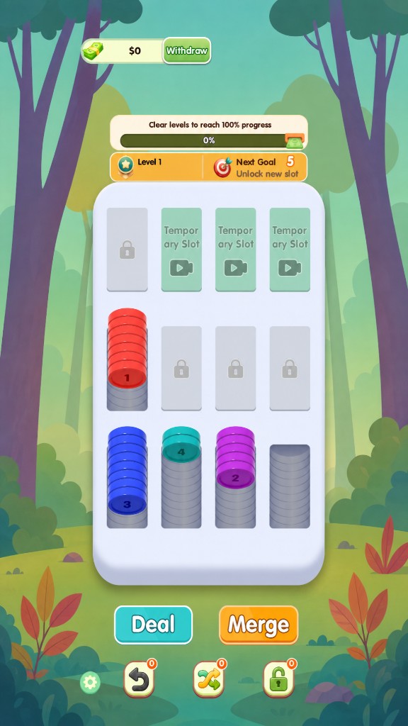 Coins Synthesis gameplay with coin towers and temporary slots