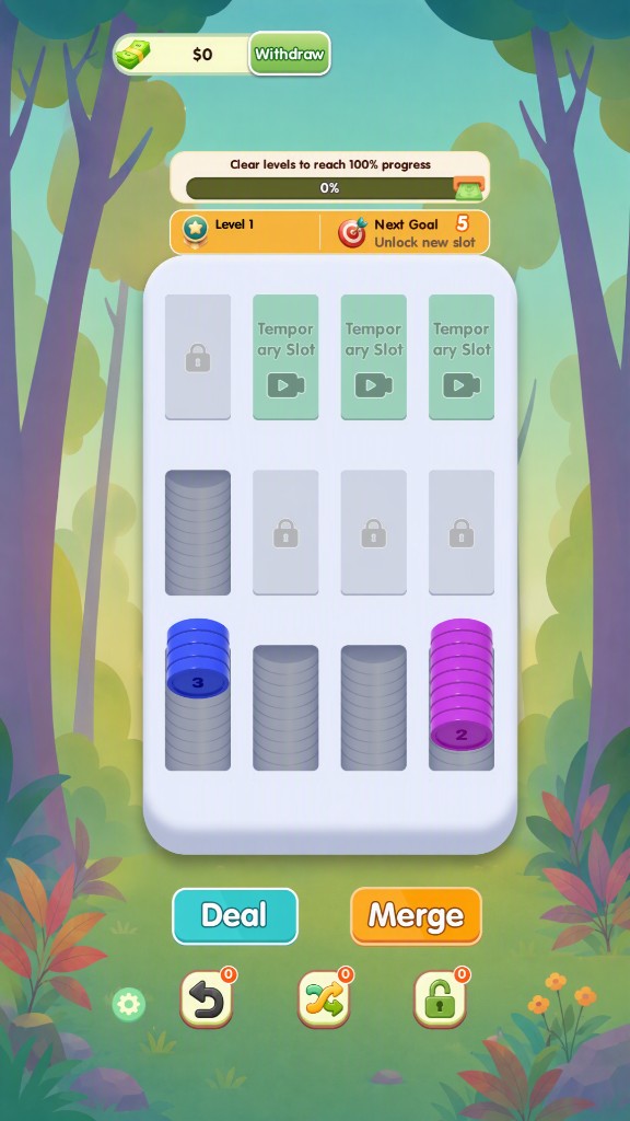 Coins Synthesis board highlighting stacked purple and blue coins